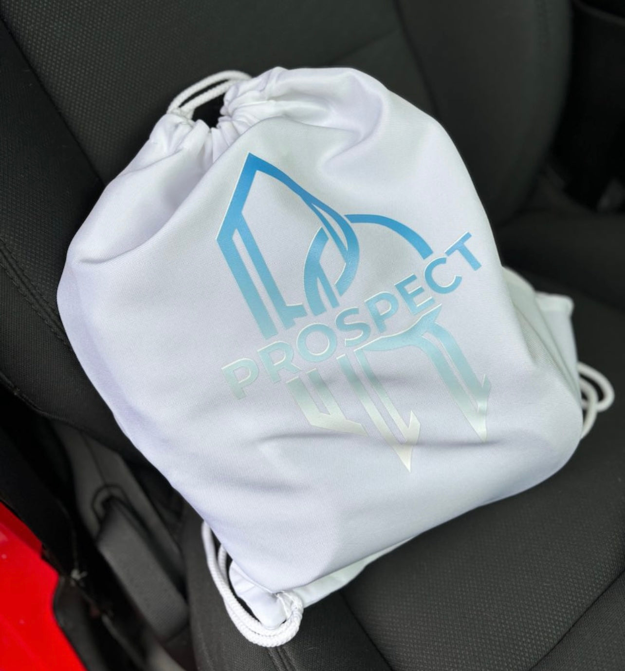 Prospect White Drawstring Bag, lightweight and durable, secure drawstring closure, customizable.