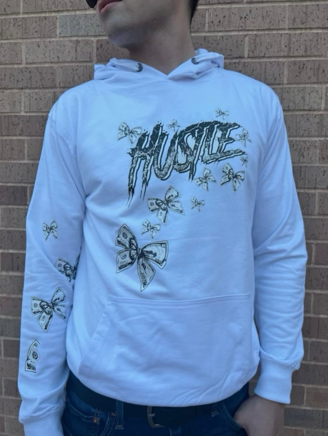 Hustle | White Hoodie (With Sleeve Design)