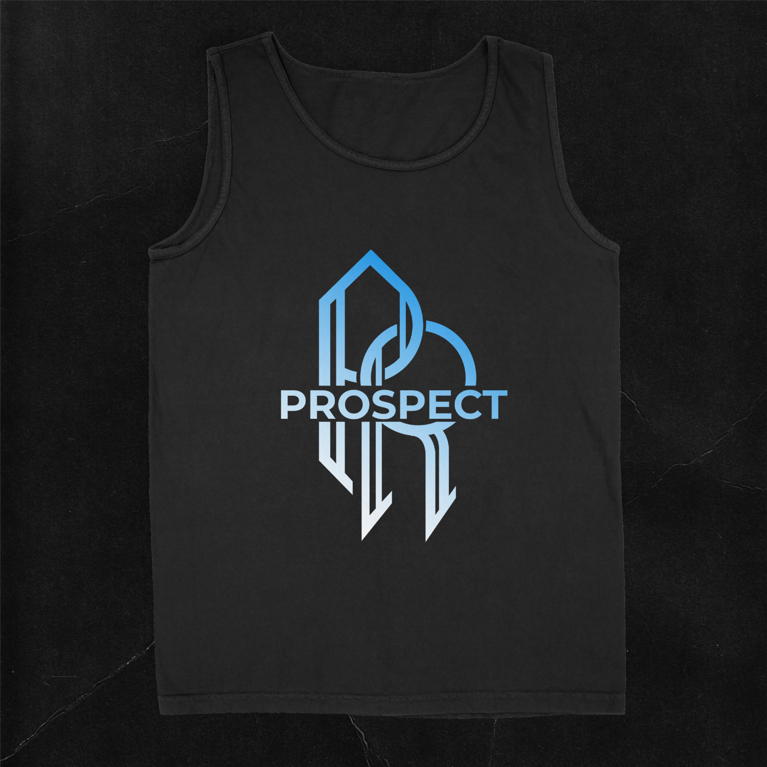 Prospect Black Tank Top, classic fit, heavy-weight 6 oz, 50% cotton 50% Polyester, machine washable, large vinyl design on front.