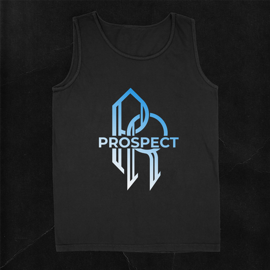 Prospect Black Tank Top, classic fit, heavy-weight 6 oz, 50% cotton 50% Polyester, machine washable, large vinyl design on front.