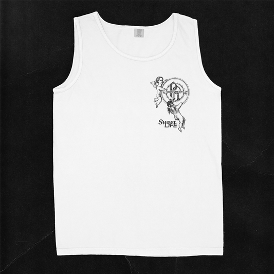 Sweet Life White Tank Top, classic fit, heavy-weight 6 oz, 50% cotton 50% Polyester, machine washable, large vinyl design on front.