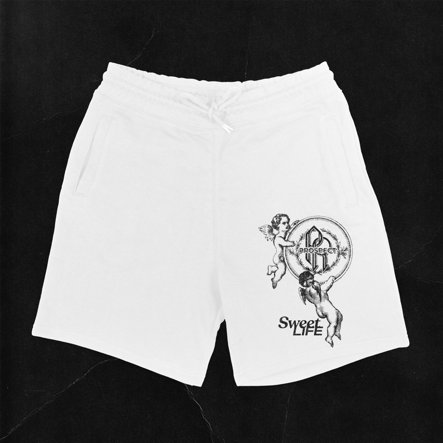 Prospect Fitted White Shorts, ultra-soft fleece, 60% cotton, 40% polyester, drawstring waist, machine washable.